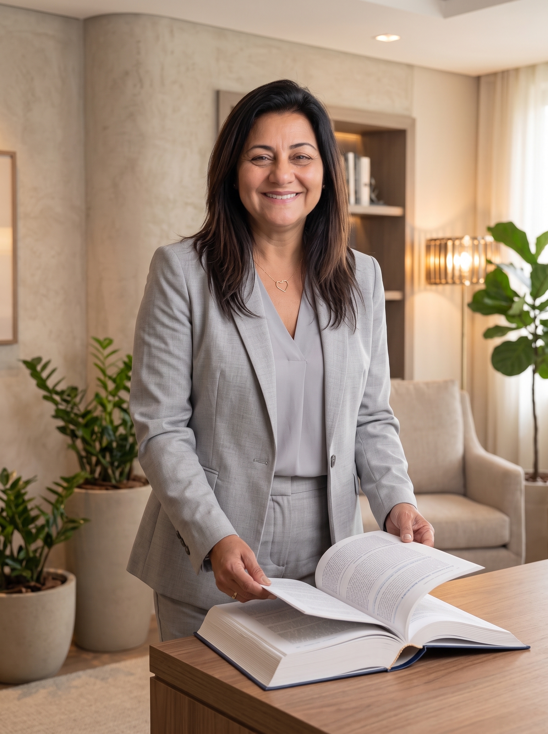 Dra. Gecylene Cavaco examinando um livro no consultório